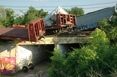 Twisted pile of rail cars near the 3200 block of Broad Street in 