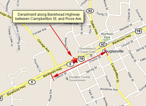 Location of Norfolk Southern train derailment in downtown Douglasville, GA 