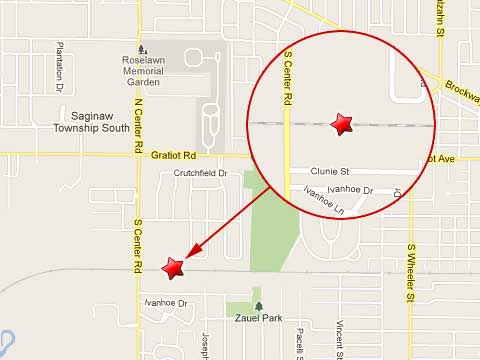 Map showing location of train derailment in Saginaw Township, MI on February 9, 2013 just east of South Center Rd and north of Clunie St..