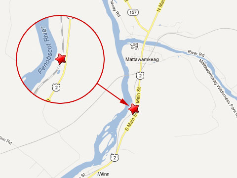 Map showing location of Pan Am Railways train derailment in Mattawamkeag, ME along the Penobscot River on March 7, 2013.