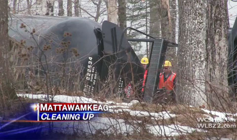 Thirteen tanker cars of a 96 car Pan Am Railways train derailed in Mattawamkeag, ME while traveling to New Brunswick from North Dakota. The tankers were carrying 30,000 gallons of crude oil each.