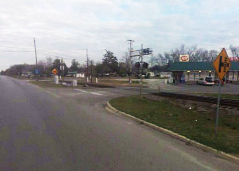 View of the rail crossing at 6th St and U.S. Highway 278 in Fairfax, SC where two pedestrians were killed as they were struck by a passing CSX train while crossing the tracks on April 10, 2013.
