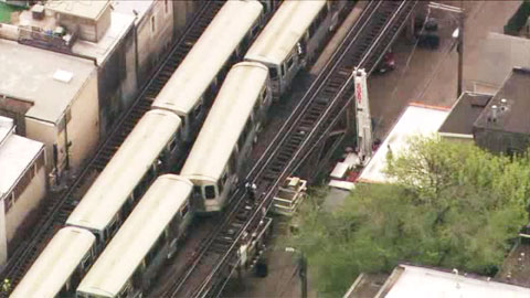 A passenger car on the CTA Red Line in Chicago, IL jumped the tracks on May 9 2013. One passenger had to be rescued by the Chicago Fire Department using an elevated bucket.