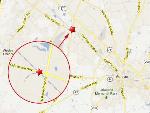 Map showing location of CSX train crash with tractor trailer in Monroe, NC at the rail crossing on Old Charlotte Hwy and N Rocky River Road on April 30, 2013.