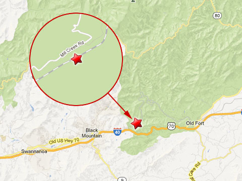 Map showing location where a Norfolk Southern railroad worker was killed in a mudslide while working on some track on Old Fort Mountain in North Carolina on May 6, 2013. The accident happened a couple of miles outside Black Mountain, NC near Mill Creek Road.