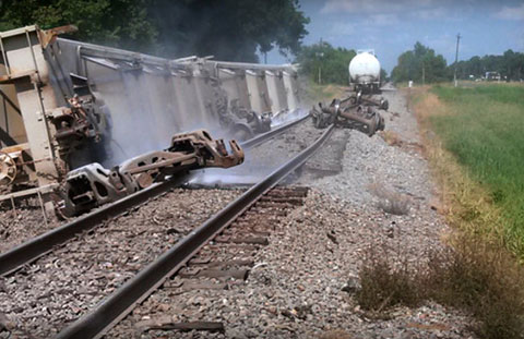 A Union Pacific train carrying hazardous materials derailed in Lawtelle, LA on August 4, 2013 causing the evacuation of hundreds of people. Photo credit: US News & World Report