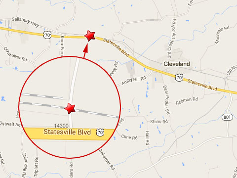 Map shows location of a Norfolk Southern train crash with a dump truck at a rail crossing near the 14300 block of Statesville, Bl in Cleveland, NC on September 23, 2013.