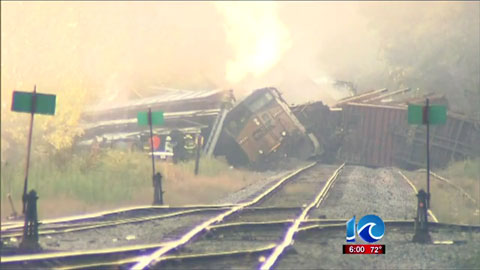 Two railroad workers were injured in a fiery CSX train derailment in Courtland, VA on September 19, 2013.