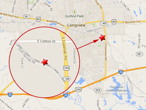 Map shows location of BNSF tanker car derailment near Gum Springs Rd between E Cotton St and S Eastman Rd on September 8, 2013.