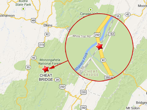 Map shows location of fatal logging truck with train at the U.S. Highway 250 crossing in Cheat Bridge, WV on October 11, 2013.