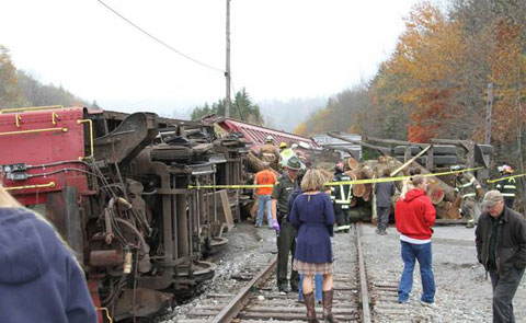 A logging truck crashed with a sightseeing train in Cheat Bridge, WV killing the trucker, tipping over and derailing two rail cars and injuring several passengers on October 11, 2013. Photo credit: The Pocahontas Times.