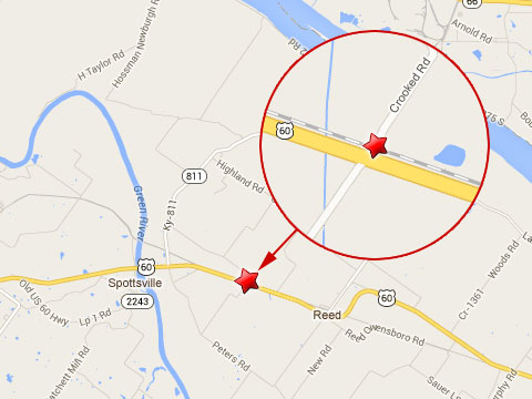 Map shows location of fatal semi truck accident with a CSX train at the Crooked Rd rail crossing near U.S. Highway 60 in Henderson County, KY on October 9, 2013.