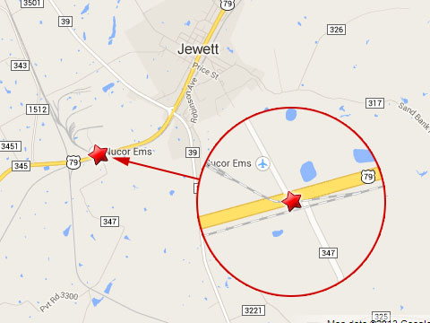 Map shows location of a Union Pacific train derailment in Jewett, TX at the U.S. Highway 79 rail crossing near Farm to Market 347 on October 16, 2013.