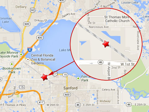 Map shows location of fatal train accident and derailment near State Route 46 and W Airport Bl in Sanford, FL on October 24, 2013.