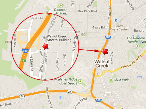 Map shows location of fatal BART train accident that killed two railroad workers near Jones Rd and Chandon Ct in Walnut Creek, CA on October 19, 2013.