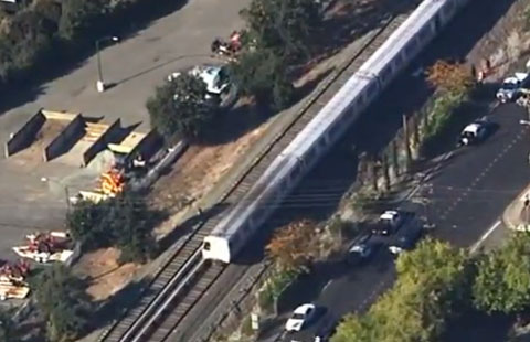 Aerial view of BART train involved in the accident that killed two railroad workers in Walnut Creek, CA on October 19, 2013. 