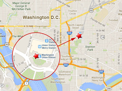 Map shows location of the Metro Rail Union Station in Washington DC where a worker was killed nearby in an explosion while welding new rail sections on October 6, 2013.