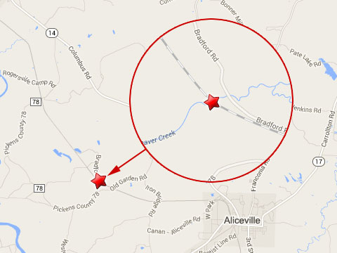 Map shows location of train derailment, crude oil explosion and fire in a remote wetlands area just north of Aliceville, AL on November 8, 2013.