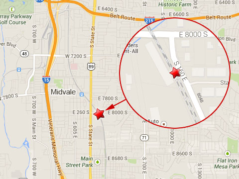 Map shows location of a TRAX commuter train crash in the 8000 block of 150 East near 8000 South in Midvale, UT on November 6, 2013.